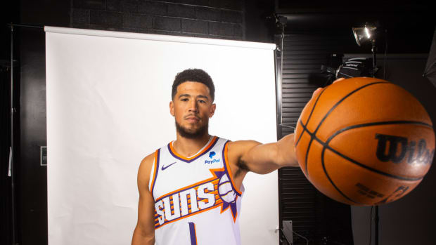 Phoenix Suns guard Devin Booker poses for a portrait during media day at Footprint Center.