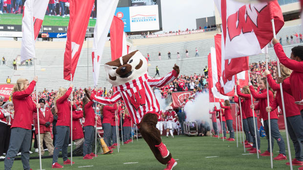 Nov 3, 2018; Madison, WI, USA; Wisconsin Badgers mascot Bucky Badger runs onto the field prior to the game against the Rutgers Scarlet Knights at Camp Randall Stadium. Mandatory Credit: Jeff Hanisch-USA TODAY Sports