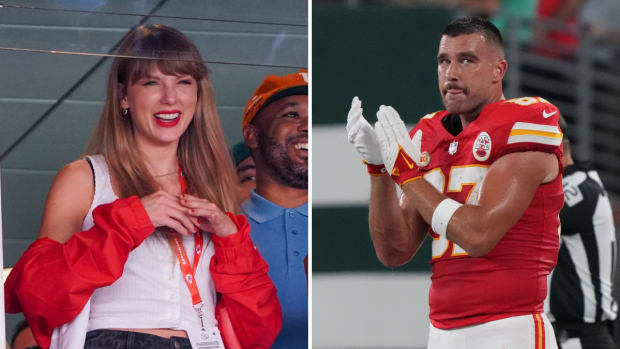 Taylor Swift at a Kansas City Chiefs game and Chiefs tight end Travis Kelce.
