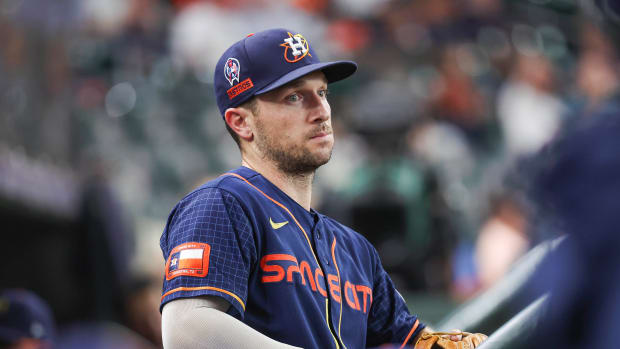 Sep 11, 2023; Houston, Texas, USA; Houston Astros third baseman Alex Bregman (2) waits to take the field before the game against the Oakland Athletics at Minute Maid Park. Mandatory Credit: Troy Taormina-USA TODAY Sports