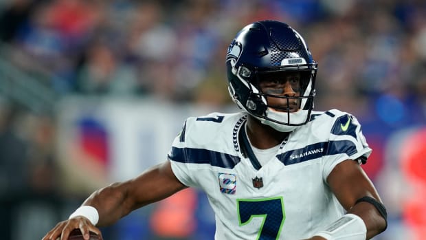 Seattle Seahawks quarterback Geno Smith (7) throws against the New York Giants in the first half at MetLife Stadium on Monday, Oct. 2, 2023, in East Rutherford.  