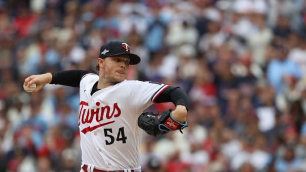 Oct 4, 2023; Minneapolis, Minnesota, USA; Minnesota Twins starting pitcher Sonny Gray (54) throws a pitch in the first inning against the Toronto Blue Jays during game two of the Wildcard series for the 2023 MLB playoffs at Target Field.