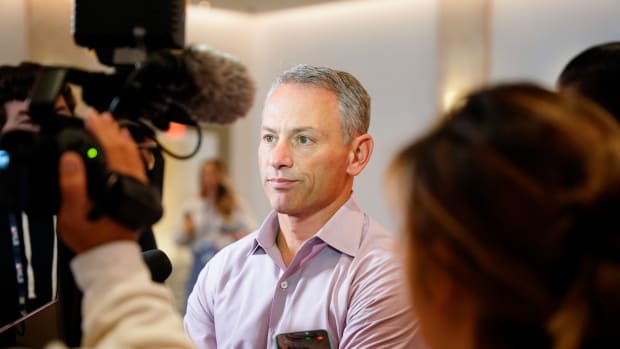 Nov 9, 2022; Las Vegas, NV, USA; Chicago Cubs president of baseball operations Jed Hoyer answers questions from the media during the MLB GM Meetings at The Conrad Las Vegas. Mandatory Credit: Lucas Peltier-USA TODAY Sports