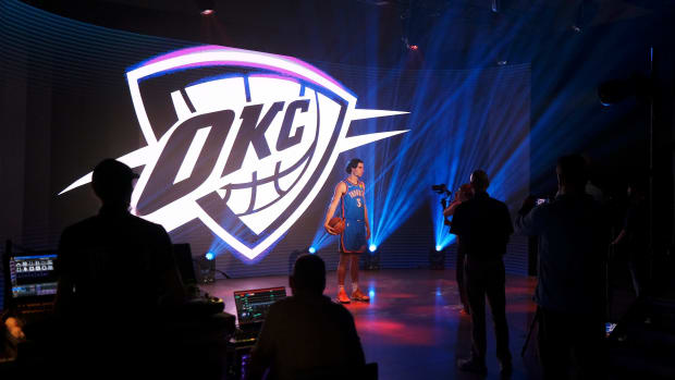 Josh Giddey (3) at Thunder Media Day, held in the Oklahoma City Convention Center on Monday, Oct. 2, 2023.