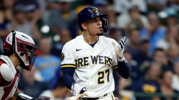 Oct 4, 2023; Milwaukee, Wisconsin, USA; Milwaukee Brewers shortstop Willy Adames (27) reacts after striking out in the sixth inning against the Arizona Diamondbacks during game two of the Wildcard series for the 2023 MLB playoffs at American Family Field.