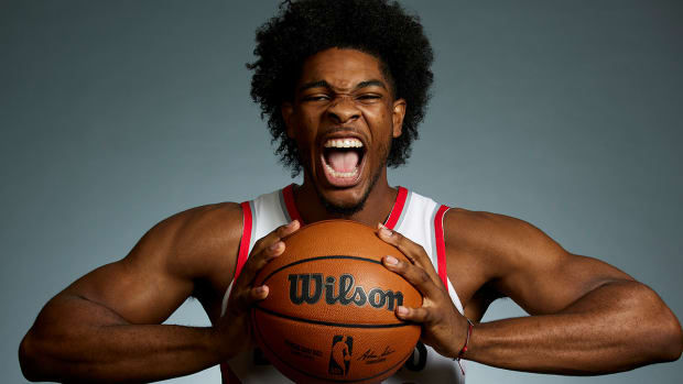 Trail Blazers guard Scoot Henderson poses for a portrait during the NBA basketball team’s media day in Portland.