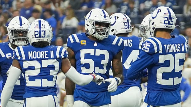 Indianapolis Colts linebacker Shaquille Leonard (53), center, during the game against the Los Angeles Rams on Sunday, Oct. 1, 2023, at Lucas Oil Stadium in Indianapolis. The Colts lost in overtime, 29-23.  