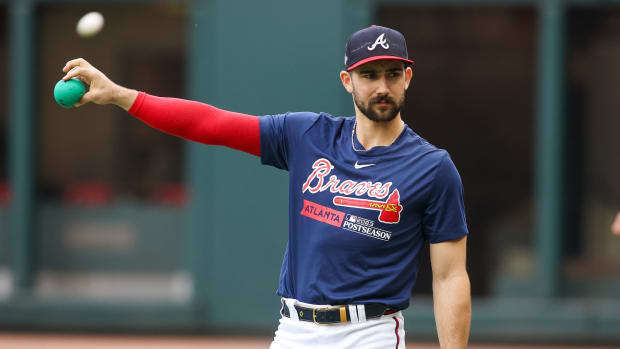 Oct 6, 2023; Atlanta, GA, USA; Atlanta Braves starting pitcher Spencer Strider (99) during a workout before the NLDS against the Philadelphia Phillies at Truist Park.