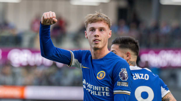Cole Palmer pictured celebrating after scoring his first Premier League goal in Chelsea's 4-1 win at Burnley in October 2023