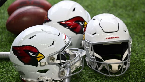 Arizona Cardinals helmets sit ready for action against the Minnesota Vikings during the game at U.S. Bank Stadium.