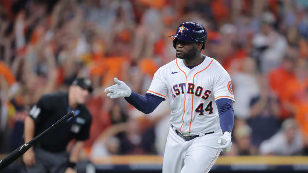 Oct 7, 2023; Houston, Texas, USA; Houston Astros left fielder Yordan Alvarez (44) reacts after hitting a home-run in the seventh inning against the Minnesota Twins during game one of the ALDS for the 2023 MLB playoffs at Minute Maid Park. Mandatory Credit: Erik Williams-USA TODAY Sports