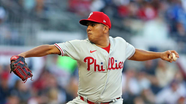 Oct 7, 2023; Cumberland, Georgia, USA; Philadelphia Phillies starting pitcher Ranger Suarez (55) pitches during the second inning against the Atlanta Braves during game one of the NLDS for the 2023 MLB playoffs at Truist Park. Mandatory Credit: Brett Davis-USA TODAY Sports