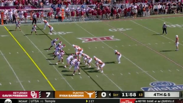 Screenshot of Texas lining up for a punt during the first quarter of a game against Oklahoma.