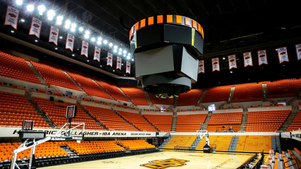 Lights shine on the basketball court at Gallagher-Iba Arena, Tuesday, March 14, 2023, in Stillwater, Okla. 230314 Ok St Wr 006 Jpg