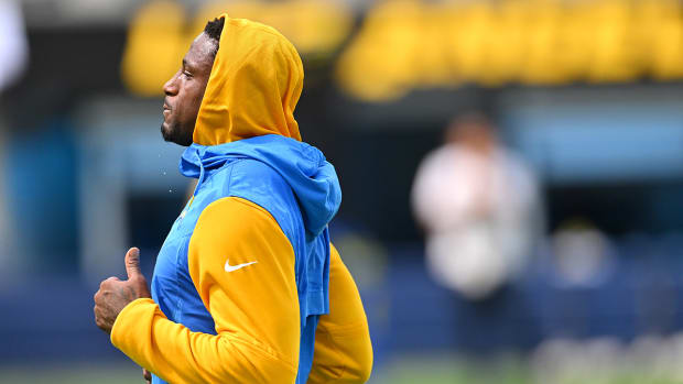 Chargers cornerback J.C. Jackson (27) warms up before the game against the Las Vegas Raiders at SoFi Stadium.