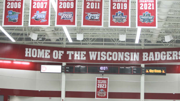 The Wisconsin women's hockey team added its 2023 national championship banner to its collection on Friday Oct. 6, 2023 at LaBahn Arena in Madison, Wis.
