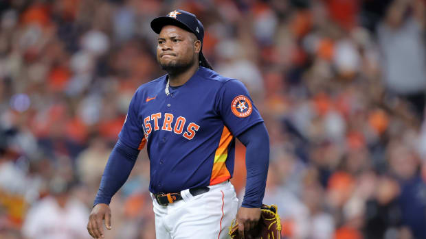 Oct 8, 2023; Houston, Texas, USA; Houston Astros starting pitcher Framber Valdez (59) reacts after giving up a run against the Minnesota Twins in the first inning for game two of the ALDS for the 2023 MLB playoffs at Minute Maid Park. Mandatory Credit: Erik Williams-USA TODAY Sports