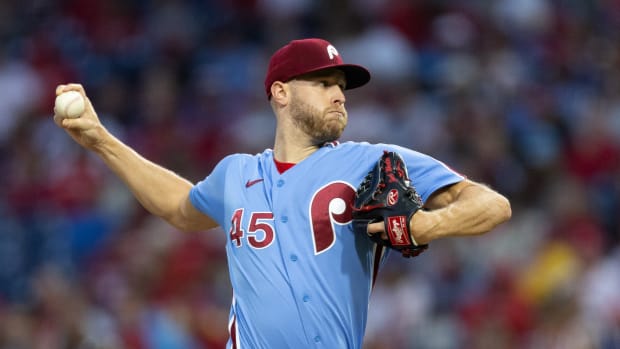 Sep 28, 2023; Philadelphia, Pennsylvania, USA; Philadelphia Phillies starting pitcher Zack Wheeler (45) throws a pitch against the Pittsburgh Pirates during the second inning at Citizens Bank Park.
