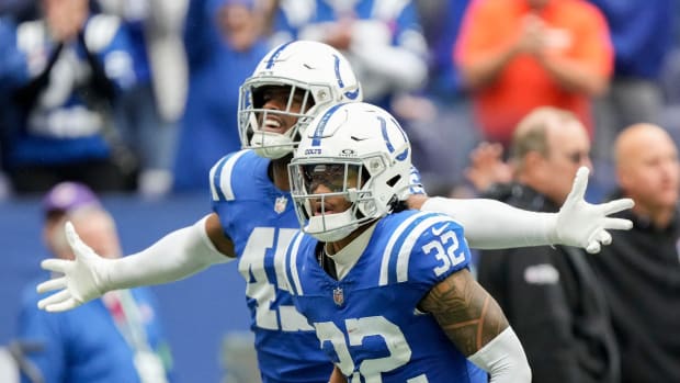 Indianapolis Colts linebacker E.J. Speed (45) celebrates with Indianapolis Colts safety Julian Blackmon (32) after he made an interception to end the game Sunday, Oct. 8, 2023, during a game against the Tennessee Titans at Lucas Oil Stadium in Indianapolis.