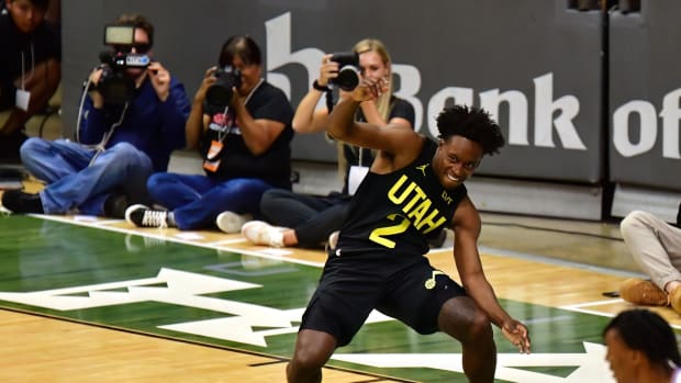 Utah Jazz guard Collin Sexton (2) celebrates a basket against the Los Angeles Clippers during the first half at SimpliFi Arena at Stan Sheriff Center.