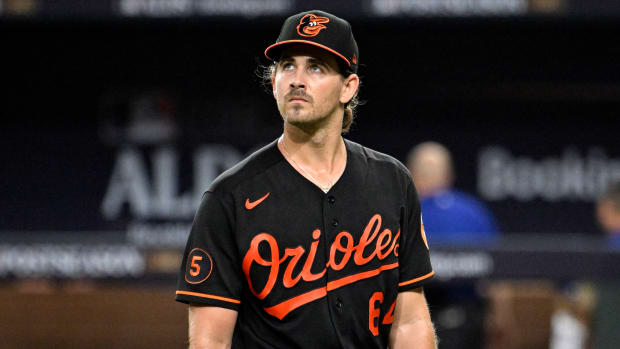 Baltimore Orioles pitcher Dean Kremer is relieved in the second inning of Game 3 of the 2023 ALDS.