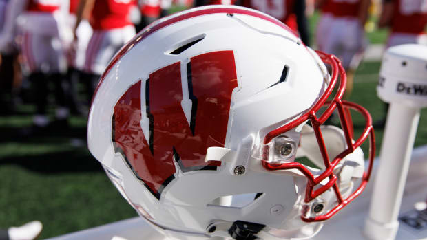 Oct 7, 2023; Madison, Wisconsin, USA; General view of a Wisconsin Badgers helmet during the game against the Rutgers Scarlet Knights at Camp Randall Stadium. Mandatory Credit: Jeff Hanisch-USA TODAY Sports