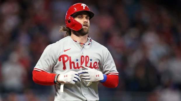 Oct 9, 2023; Cumberland, Georgia, USA; Philadelphia Phillies designated hitter Bryce Harper (3) walks during the ninth inning against the Atlanta Braves in game two of the NLDS for the 2023 MLB playoffs at Truist Park. Mandatory Credit: Brett Davis-USA TODAY Sports