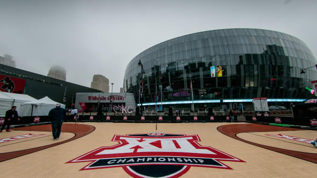 Mar 8, 2023; Kansas City, MO, USA; Big 12 logo at the center of the fan experience court outside the Big 12 Tournament at the T-Mobile Center. Mandatory Credit: William Purnell-USA TODAY Sports
