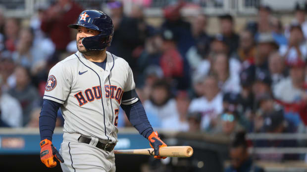 Oct 10, 2023; Minneapolis, Minnesota, USA; Houston Astros second baseman Jose Altuve (27) looks on after striking out in the second inning against the Minnesota Twins during game three of the ALDS for the 2023 MLB playoffs at Target Field. Mandatory Credit: Jesse Johnson-USA TODAY Sports