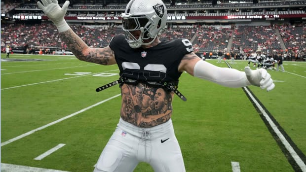 Aug 13, 2023; Paradise, Nevada, USA; Las Vegas Raiders defensive end Maxx Crosby (98) gestures during the game against the San Francisco 49ers at Allegiant Stadium.