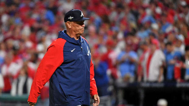 Oct 11, 2023; Philadelphia, Pennsylvania, USA; Atlanta Braves manager Brian Snitker (43) walks off the field during the eighth inning against the Philadelphia Phillies in game three of the NLDS for the 2023 MLB playoffs at Citizens Bank Park.