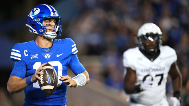 Brigham Young Cougars quarterback Kedon Slovis (10) looks to pass in the second quarter during a college football game between the Brigham Young Cougars and the Cincinnati Bearcats, Friday, Sept. 29, 2023, at LaVell Edwards Stadium in Provo, Utah.