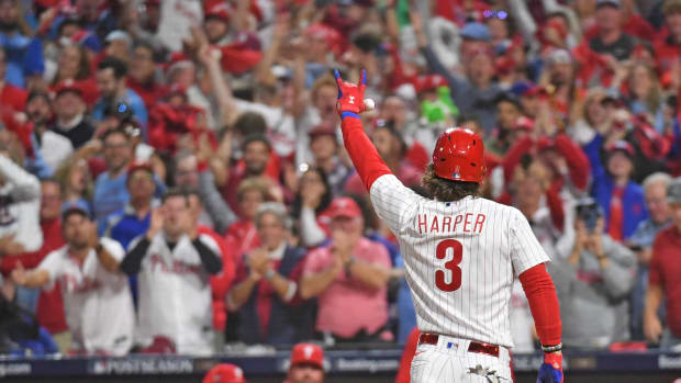 Oct 11, 2023; Philadelphia, Pennsylvania, USA; Philadelphia Phillies designated hitter Bryce Harper (3) celebrates his home run against the Atlanta Braves during game three of the NLDS for the 2023 MLB playoffs at Citizens Bank Park. Mandatory Credit: Eric Hartline-USA TODAY Sports