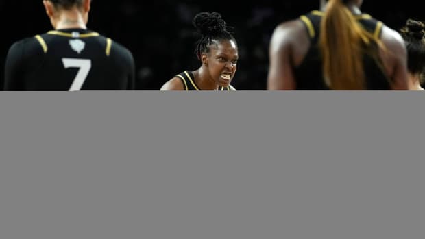 Las Vegas Aces guard Chelsea Gray celebrates after a play against the New York Liberty during the WNBA Finals.