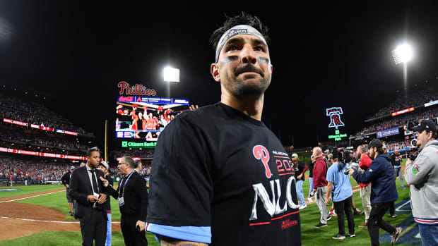 Philadelphia Phillies outfielder Nick Castellanos after defeating the Atlanta Braves in the 2023 NLDS