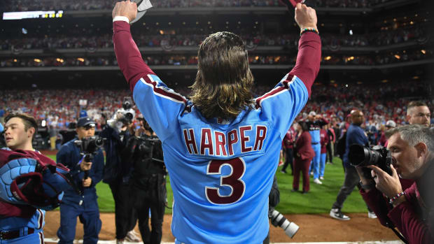 Oct 12, 2023; Philadelphia, Pennsylvania, USA; Philadelphia Phillies first baseman Bryce Harper (3) celebrates the series victory against the Atlanta Braves following game four of the NLDS for the 2023 MLB playoffs at Citizens Bank Park. Mandatory Credit: Eric Hartline-USA TODAY Sports