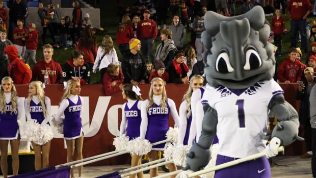 TCU's Super Frog and cheerleaders at the Iowa State game, 2023