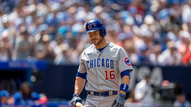 Aug 13, 2023; Toronto, Ontario, CAN; Chicago Cubs third baseman Patrick Wisdom (16) reacts after striking out against the Toronto Blue Jays during the fourth inning at Rogers Centre. Mandatory Credit: Kevin Sousa-USA TODAY Sports