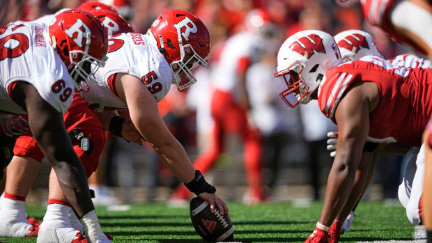 Oct 7, 2023; Madison, Wisconsin, USA; The Rutgers Scarlet Knights line up for a play during the game against the Wisconsin Badgers at Camp Randall Stadium. Mandatory Credit: Jeff Hanisch-USA TODAY Sports