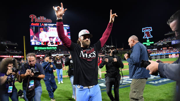Oct 12, 2023; Philadelphia, Pennsylvania, USA; Philadelphia Phillies first baseman Bryce Harper (3) celebrates the series victory against the Atlanta Braves following game four of the NLDS for the 2023 MLB playoffs at Citizens Bank Park.