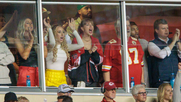 Oct 12, 2023; Kansas City, Missouri, USA; Recording artist Taylor Swift and Brittany Mahomes react to the game between the Kansas City Chiefs and the Denver Broncos at GEHA Field at Arrowhead Stadium. Mandatory Credit: William Purnell-USA TODAY Sports