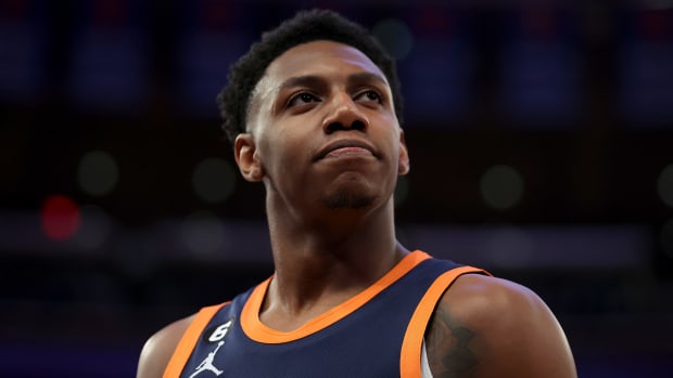 Knicks guard RJ Barrett (9) looks on during the second quarter of a game against the Celtics.