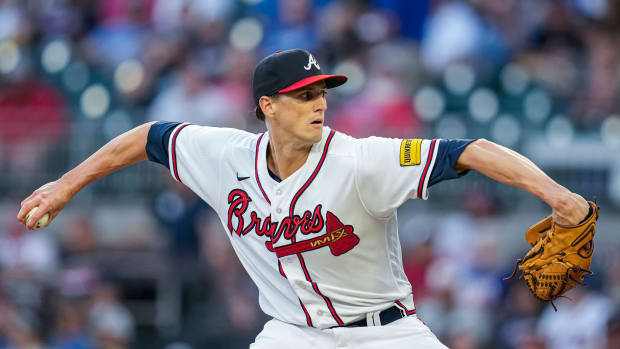 Sep 18, 2023; Cumberland, Georgia, USA; Atlanta Braves starting pitcher Kyle Wright (30) pitches against the Philadelphia Phillies during the first inning at Truist Park.