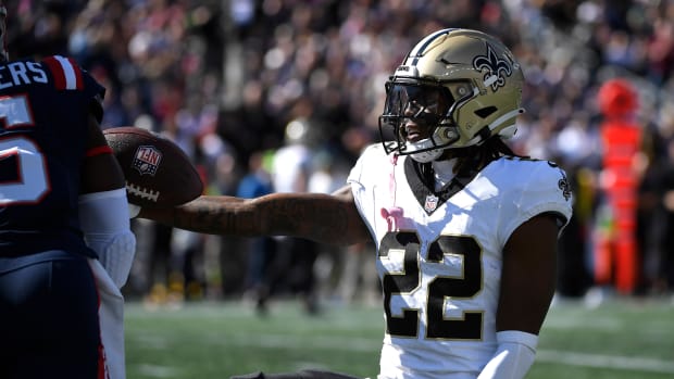 New Orleans Saints wide receiver Rashid Shaheed (22) reacts after making a first down.