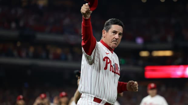 Oct 3, 2023; Philadelphia, Pennsylvania, USA; Philadelphia Phillies manager Rob Thomson (59) reacts to the crowd before game one of the Wildcard series for the 2023 MLB playoffs against the Miami Marlins at Citizens Bank Park. Mandatory Credit: Bill Streicher-USA TODAY Sports