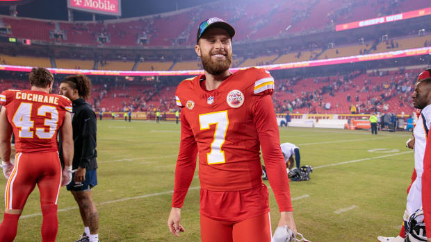 Oct 12, 2023; Kansas City, Missouri, USA; Kansas City Chiefs place kicker Harrison Butker (7) on the field after the game against the Denver Broncos at GEHA Field at Arrowhead Stadium. Mandatory Credit: William Purnell-USA TODAY Sports  