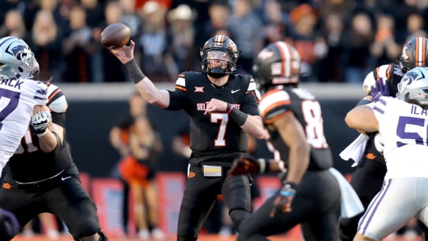 Oklahoma State's Alan Bowman (7) throws the ball in the first half of the college football game between the Oklahoma State University Cowboys and the Kansas State Wildcats at Boone Pickens Stadium in Stillwater. Okla., Friday, Oct. 6, 2023. OSU won 29-21.  