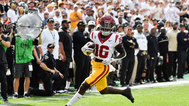 USC wide receiver Tahj Washington during the Trojans' 48-41 win over Colorado on Sept. 30, 2023.