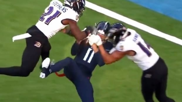 Baltimore Ravens DB Kyle Hamilton was ejected for a hit on Tennessee Titans WR Chris Moore.