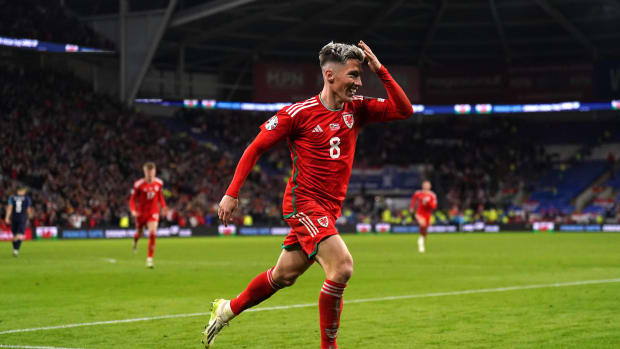 Harry Wilson pictured celebrating after scoring two goals for Wales in a 2-1 win over Croatia in October 2023